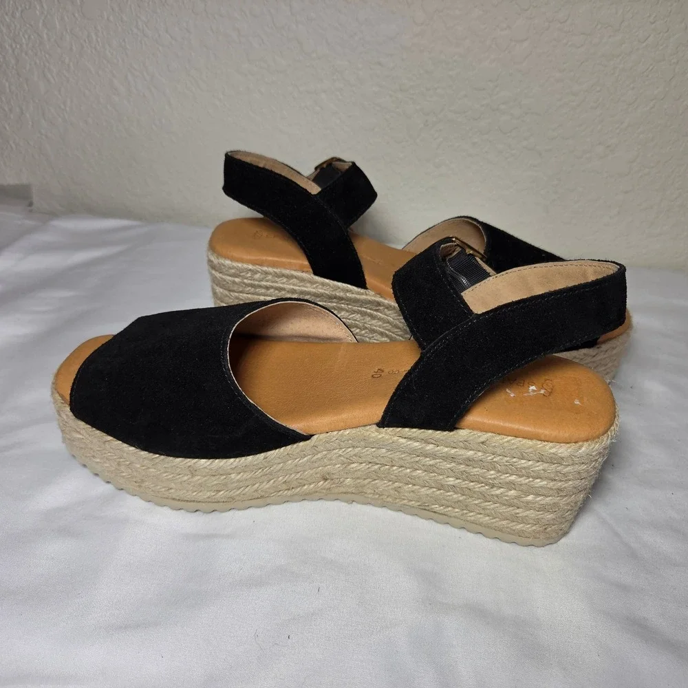 Spanish Sandal Co Black Suede Espadrille Platform Wedge Sandals Womens 40 Spain